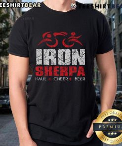 Alt Text: Nice Iron Sherpa Triathlon T-Shirt featuring a triathlete design, perfect for cheering with beer after races.