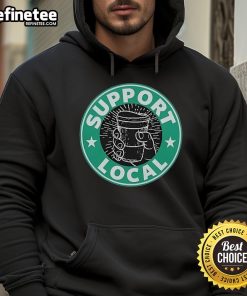 Jaron Myers wearing a 'Support Local' hoodie, promoting community engagement and local businesses.