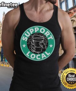 Jaron Myers wearing a 'Support Local' tank top, promoting local businesses with a stylish casual look.