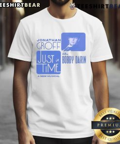 Jonathan Groff wearing a 'Bobby Darin: A New Musical - Just In Time' T-shirt, showcasing his role in the musical.