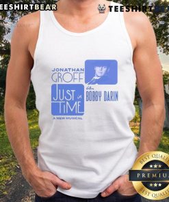 Jonathan Groff in a tank top, performing in 'Bobby Darin: A New Musical,' showcasing his talent and charisma on stage.