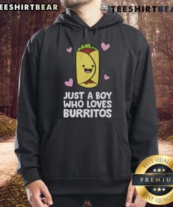 Boy wearing a 'Just A Boy Who Loves Burritos' hoodie, smiling and enjoying his favorite food outdoors.