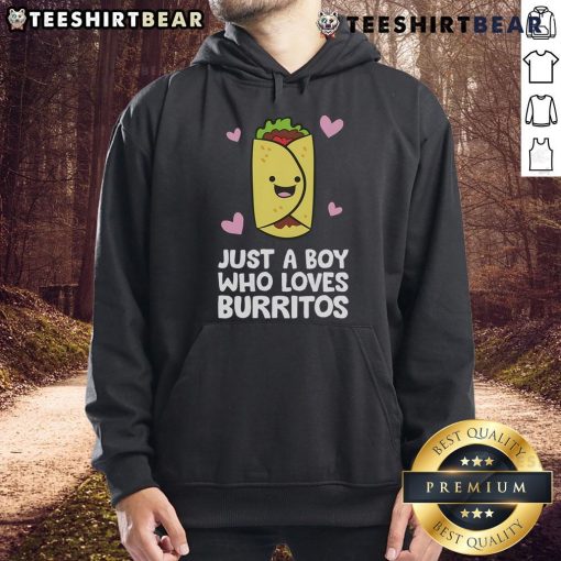 Boy wearing a 'Just A Boy Who Loves Burritos' hoodie, smiling and enjoying his favorite food outdoors.