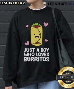 Boy wearing a 'Just A Boy Who Loves Burritos' sweatshirt, showcasing a fun and casual style with a playful design.