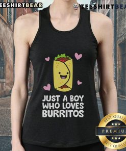 Boy wearing a 'Just A Boy Who Loves Burritos' tank top, enjoying a delicious burrito in a sunny outdoor setting.