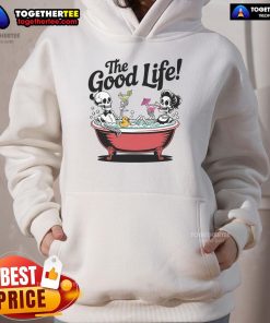 Alt Text: Skeletons in a bathtub enjoying a vacation, wearing 'Nice Living The Good Life' hoodies, embracing fun and relaxation.