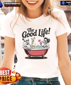 Skeletons in a bathtub enjoying a vacation, featured on the 'Nice Living The Good Life' ladies tee design.