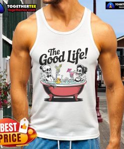 Skeletons in a bathtub drinking, wearing vacation tank tops, enjoying the good life in a quirky, fun setting.