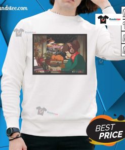 Nice Lofi Girl bed study scene with Myrtle Broadway subway stop sweatshirt design, perfect for cozy vibes.