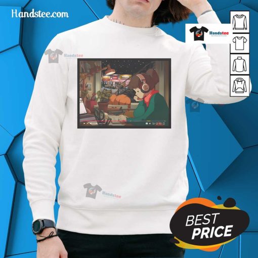 Nice Lofi Girl bed study scene with Myrtle Broadway subway stop sweatshirt design, perfect for cozy vibes.