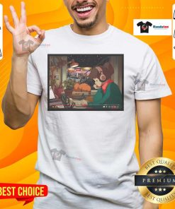 Nice Lofi Girl Bed Study meme t-shirt featuring Myrtle-Broadway subway stop design, perfect for cozy study vibes.