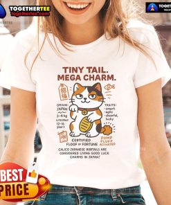 Alt Text: Cartoon of a lucky charm Japanese Bobtail cat on a ladies tee, perfect for cat lovers and lucky charm enthusiasts.