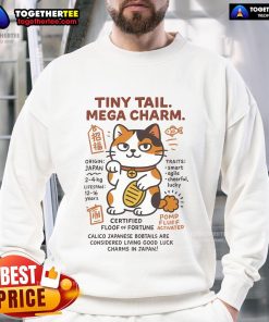 Cute Japanese Bobtail cat cartoon on a sweatshirt, featuring a lucky charm design perfect for cat lovers.