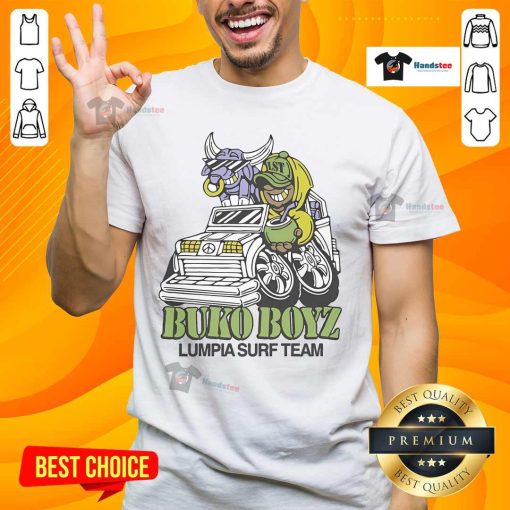 Nice Lumpia Surf Team Buko Boyz T-Shirt featuring vibrant graphics for surf and beach enthusiasts.