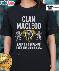 Nice Macleod Clan Scottish name coat of arms on a tartan background for family party ladies tee shirt.