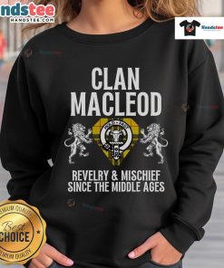 Alt Text: Nice Macleod Clan Scottish name coat of arms on tartan sweatshirt for family party celebration.