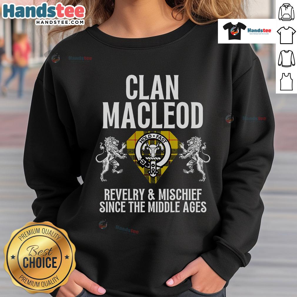 Nice Macleod Clan Scottish Name Coat Of Arms Tartan Family Party Sweatshirt Alt Text: Nice Macleod Clan Scottish name coat of arms on tartan sweatshirt for family party celebration.