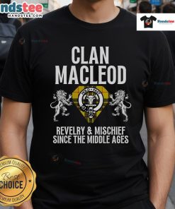 Nice Macleod Clan Scottish name coat of arms tartan design on a family party t-shirt, perfect for celebrations.