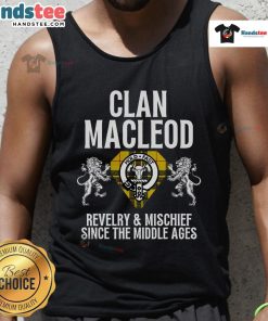 Alt Text: Nice MacLeod Clan Scottish name coat of arms on a tartan family party tank top design.