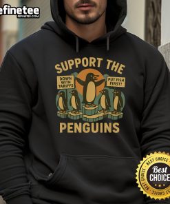 Marching penguins in a retro hoodie design advocating for economic freedom and resistance against tariffs.