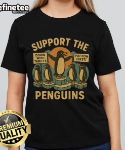 Retro ladies tee featuring nice marching penguins advocating for economic freedom and resisting tariffs.