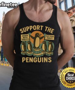 Retro tank top featuring nice marching penguins advocating for economic freedom and resisting tariffs.