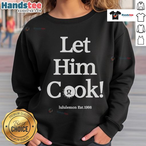 Min Woo Lee wearing a Lululemon 'Let Him Cook' golf sweatshirt, established 1998, showcasing a stylish and sporty look.