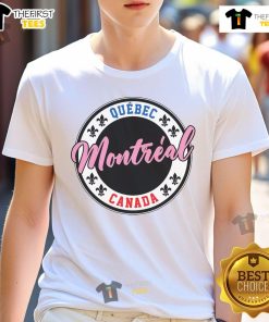 Alt Text: Nice Montreal Script Circle Fleur De Lys Text T-Shirt featuring a stylish design celebrating Montreal's heritage.