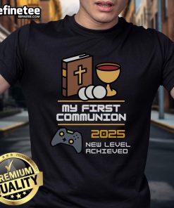Nice My 1st First Communion 2025 Controller Video Game T-Shirt featuring a fun gaming design for special celebrations.