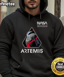 Alt Text: NASA Artemis II mission patch hoodie featuring worm logo and American flag design, perfect for space enthusiasts.