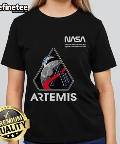 Alt Text: NASA Artemis II Mission Patch with Worm Logo and American Flag on a ladies tee, perfect for space enthusiasts.