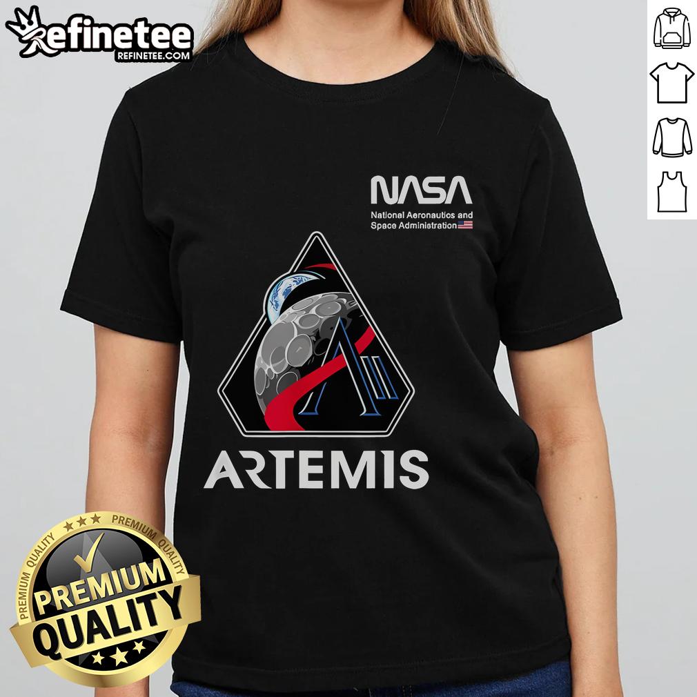 Nice Nasa Artemis Ii Mission Patch Worm Logo American Flag Ladies Tee Alt Text: NASA Artemis II Mission Patch with Worm Logo and American Flag on a ladies tee, perfect for space enthusiasts.