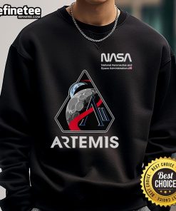 Alt Text: NASA Artemis II mission patch sweatshirt featuring worm logo and American flag design for space enthusiasts.