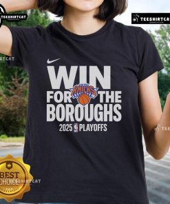 New York Knicks logo on a stylish ladies tee celebrating the 2025 NBA Playoffs win for the boroughs.
