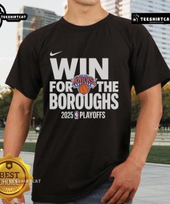 Alt Text: 2025 New York Knicks logo T-shirt celebrating NBA playoffs win for the boroughs, perfect for fans.