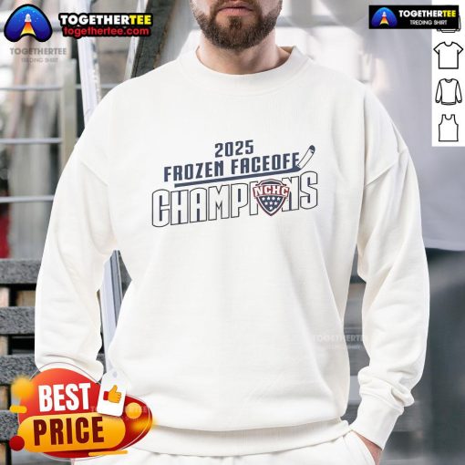Alt Text: 2025 NCHC Frozen Faceoff Champions sweatshirt in navy, featuring team logo and celebratory design.
