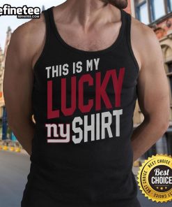 Alt Text: Woman wearing a This Is My Lucky Tank Top showcasing her support for the New York Giants during a game.