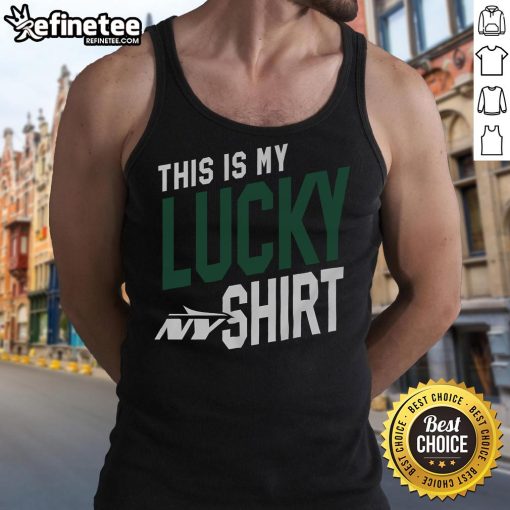 Person wearing a New York Jets tank top, showcasing their team pride and luck at a game or fan event.