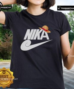 Ladies' tee featuring Nice Nika Monkey D. Luffy hat design, perfect for anime fans and One Piece enthusiasts.