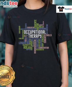 Alt Text: Occupational therapy therapist in a healthcare setting wearing a stylish tee, promoting wellness and care.