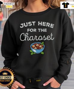 Cozy sweatshirt featuring 'Just Here for the Charoset' design, perfect for Passover celebrations and Jewish food lovers.