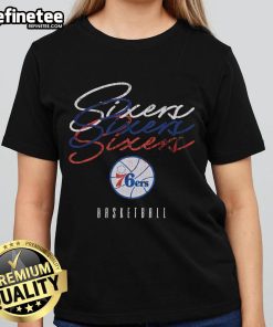 Alt Text: Ladies' Philadelphia 76ers Hardwood Classics Triple Stack Tee, stylish sportswear for female fans of the NBA team.