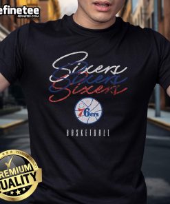 Nice Philadelphia 76ers Hardwood Classics Triple Stack T-Shirt featuring vibrant team colors and iconic logo design.