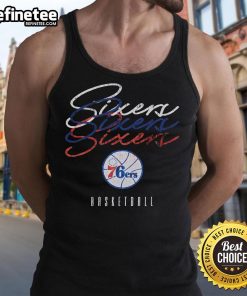 Alt Text: Philadelphia 76ers Hardwood Classics Triple Stack Tank Top featuring team colors and logo, perfect for fans.