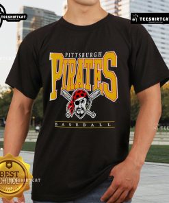 Alt Text: Stylish 2025 Pittsburgh Pirates baseball logo graphic on a black t-shirt, perfect for fans and casual wear.