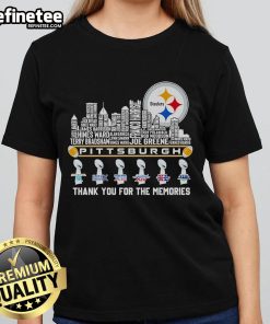 2025 Pittsburgh Steelers Ladies Tee featuring players' names and skyline, perfect for fans celebrating memories.