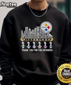 Alt Text: 2025 Pittsburgh Steelers Thank You For The Memories sweatshirt featuring player names and city skyline design.