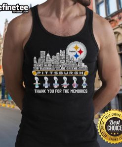 Nice Pittsburgh Steelers Thank You For The Memories tank top featuring player names and skyline design, 2025 edition.