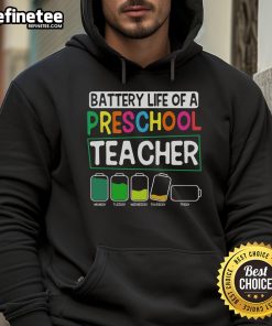 Cheerful preschool nursery teacher in a cozy hoodie, highlighting 'Battery Life' design for Pre-K instructors.