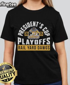 Alt Text: 2025 Presidents Cup Playoffs: Roanoke Rail Yard Dawgs ladies' tee featuring vibrant team colors and logo.